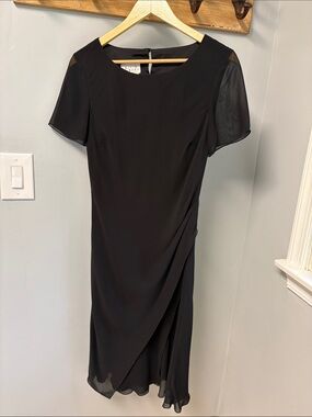 David Warren Black Midi Dress with Sheer Short Sleeves and Draped Skirt